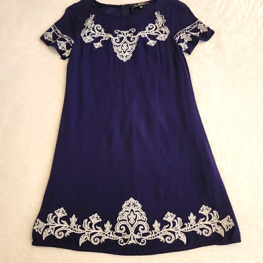Lulus Womens Short Sleeve Navy Blue Embroidered A Line Dress Size XS